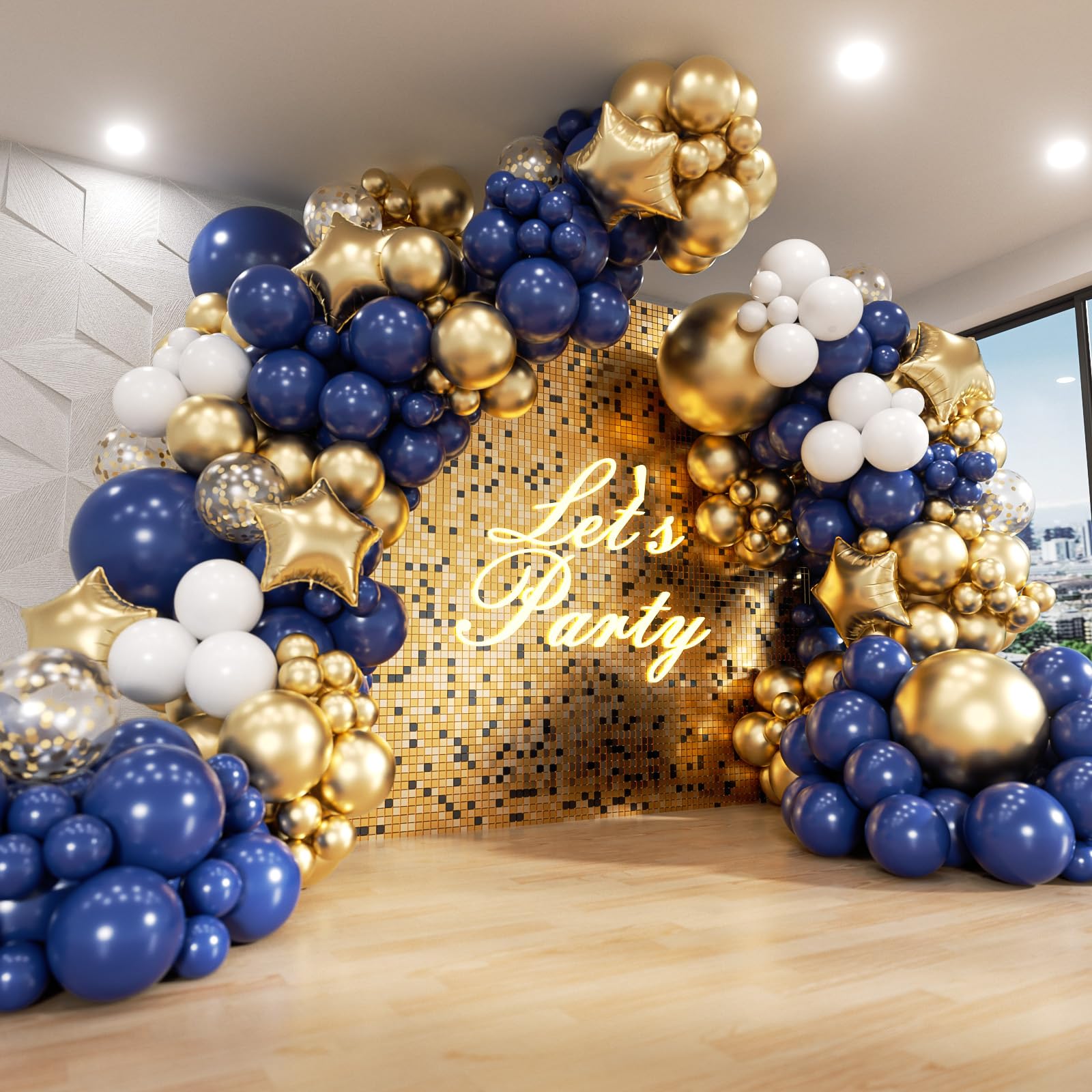 187pcs Navy Blue and Gold Balloons Arch Garland Kit, 5 10 12 18 inch Royal Blue Gold White Balloons with Gold Star Foil Balloons for Anniversary Wedding New Year Birthday Party Decorations