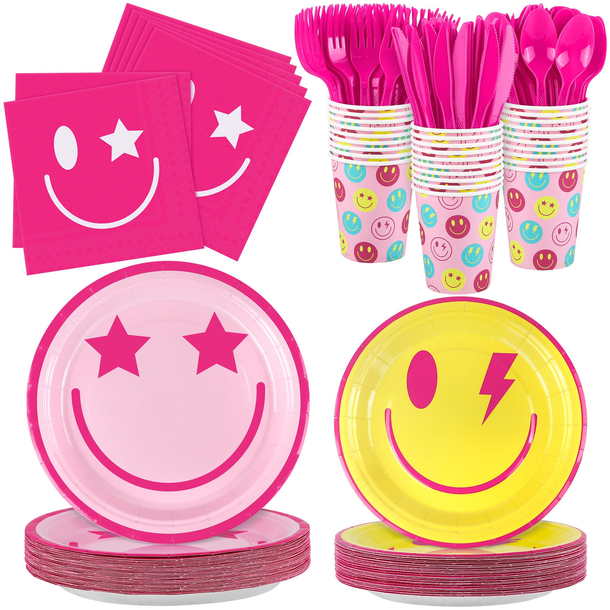 durony 210 Pieces Preppy Smiley Face Party Tableware Set Paper Smile Face Plates Napkins Paper Cups Cutlery for Preppy Birthday Party Supplies Baby Shower Decor, Serve 30 Guest