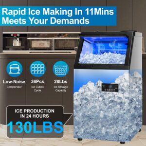 Commercial Ice Maker Machine 130Lbs/24H with 2 Water Inlet Modes, 36Pcs Ice Cubes in 8-15 Mins, Stainless Steel Under Counter/Freestanding Ice Machine with 28Lbs Storage Bin for Home/Shop/Office/Bar