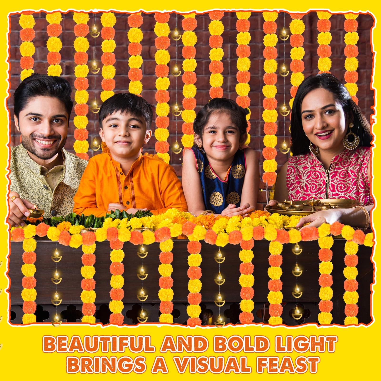 Yunsailing 10 Pcs Diwali Decorations Set Day of The Dead Decorations 5ft Artificial Marigold Garland Flowers and 6.56 ft Diwali Curtain String Lights LED DIY Lights for Indian Home Outdoor Decor