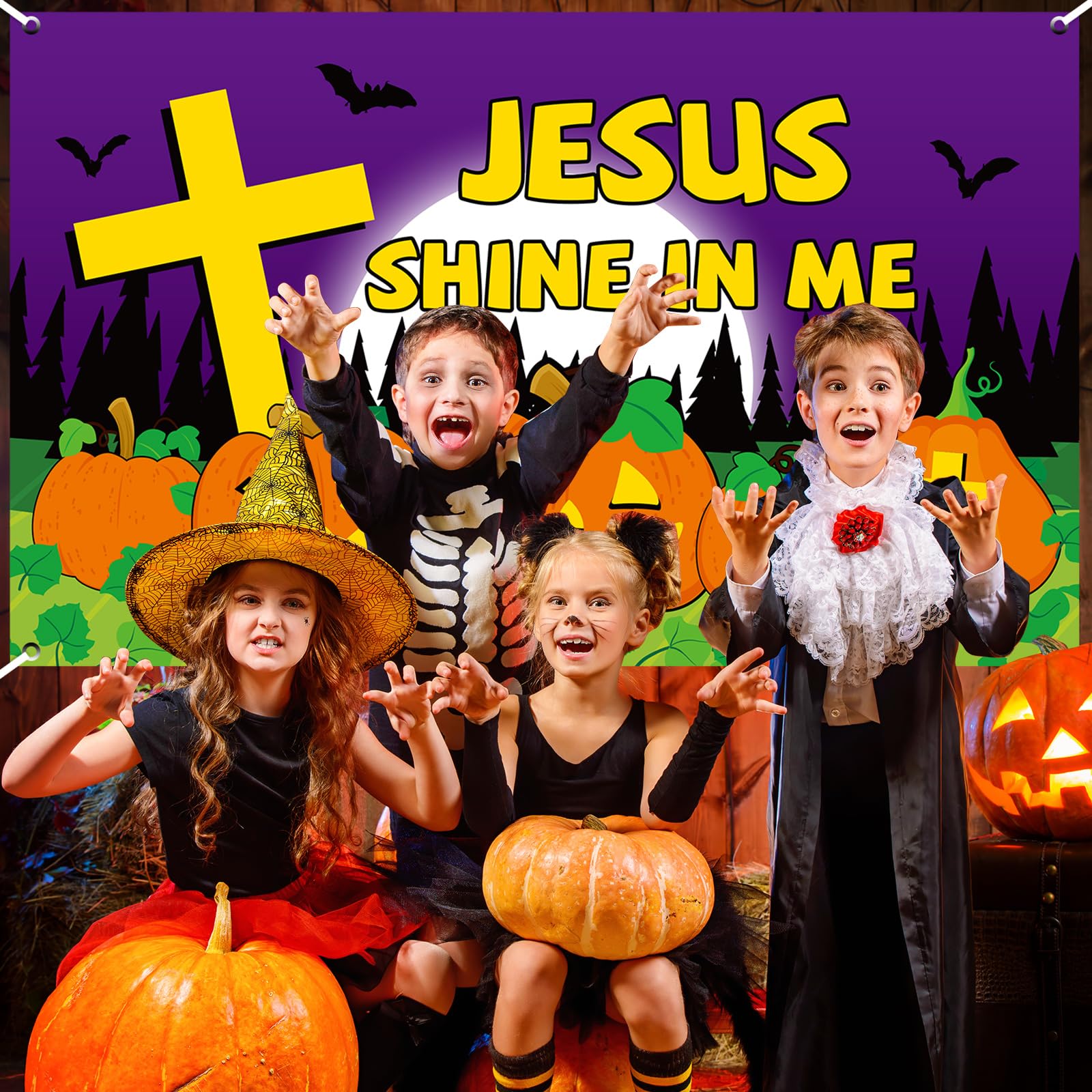 Halloween Christian Pumpkin Backdrop Banner Let Jesus Light Your Way Party Decor Halloween Jesus Pumpkin Background Wall Decor Halloween Religious Supplies for Kids Sunday School Decor 71 x 43 inch