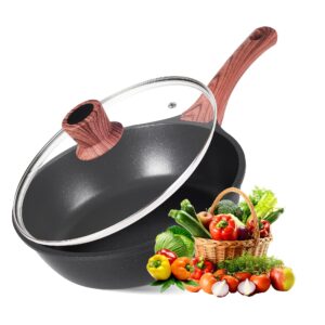 nbtx non stick frying pans, deep frying pan with lid, skillet, saute pan, minimal smoke, easy clean-up, induction compatible, 10.6"/3.98qt, maifanstone coating, wooden handle, black