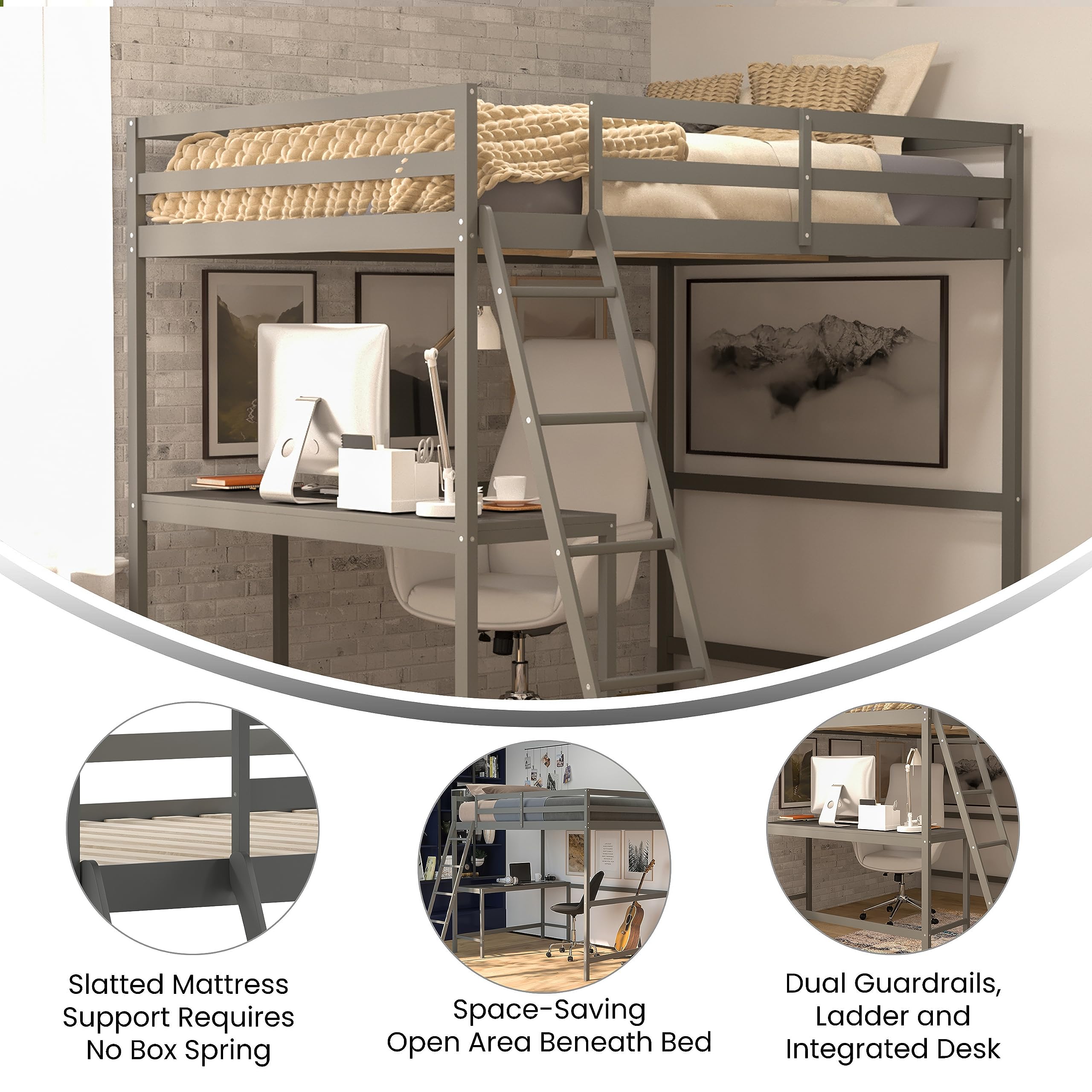 BizChair Loft Bed Frame with Desk - Light Gray Wood Slats - Full Size - Protective Guard Rails & Ladder - Kids and Teens - Space Saving Design