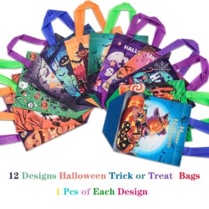 Jaywayang 12Pcs Halloween Trick or Treat Bags, Halloween Tote Bags with Handles for Kids, Halloween Reusable Non-Woven Gift Bags for Gifts Wrapping, Halloween Party Supplies.