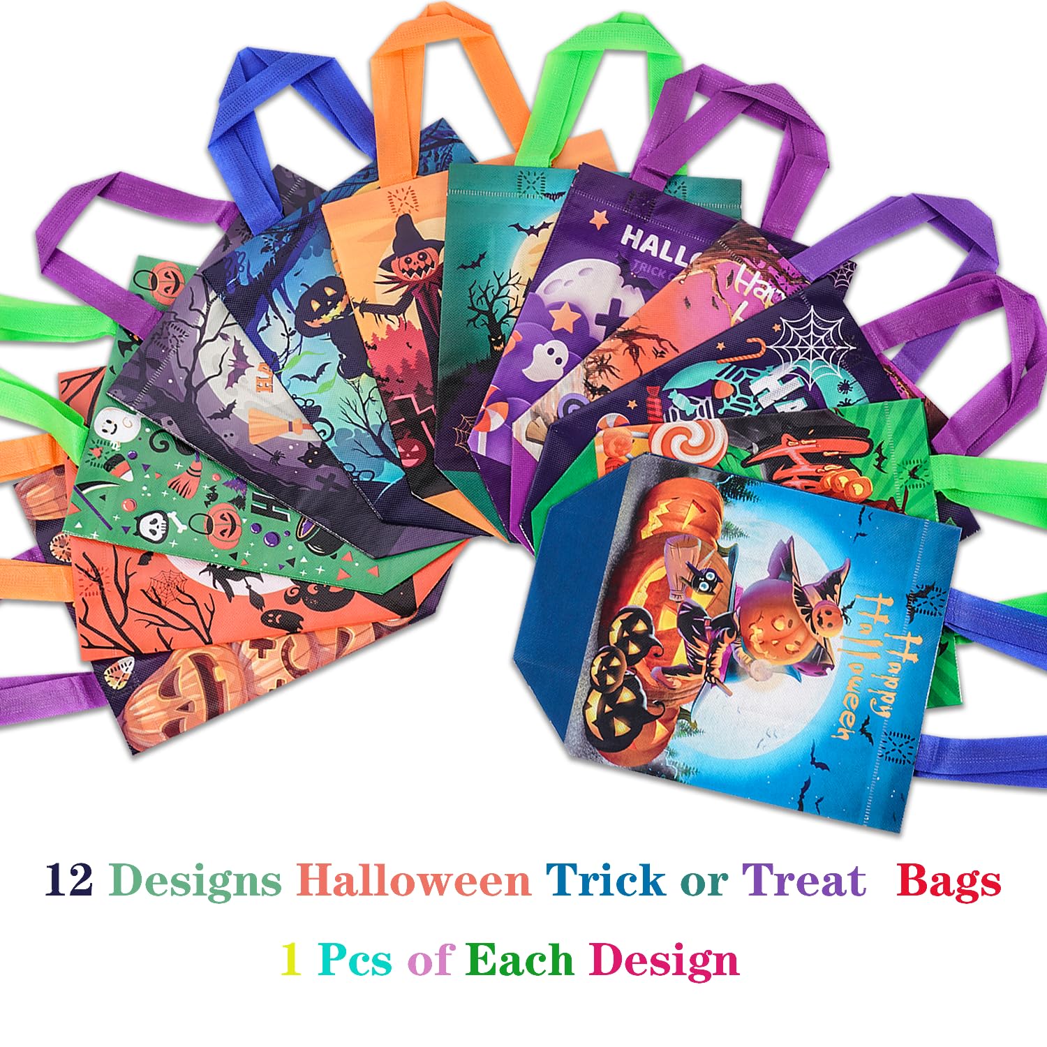 Jaywayang 12Pcs Halloween Trick or Treat Bags, Halloween Tote Bags with Handles for Kids, Halloween Reusable Non-Woven Gift Bags for Gifts Wrapping, Halloween Party Supplies.