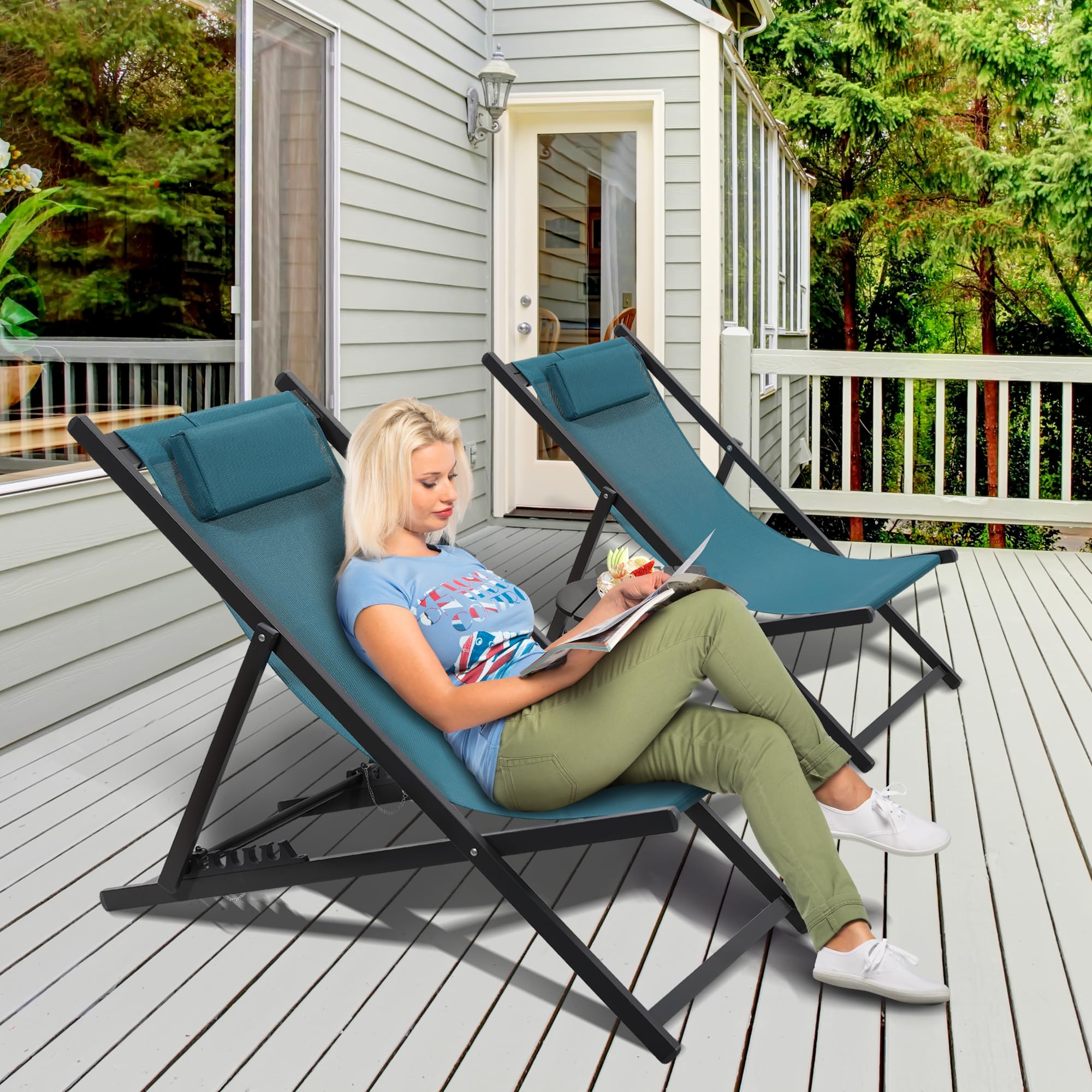 KROFEM Set of 2 Outdoor Patio Sling Chairs, UV Waterproof Fabric, Lightweight Foldable Aluminum Frame, Ideal for Deck, Pool, or Beach, Blue