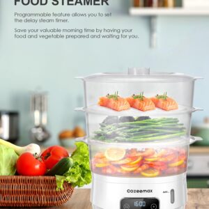 Cozeemax Electric Food Steamer for Cooking, 13.7QT Digital Vegetable Steamer 800W with 3 Tiers BPA Free Dishwasher Safe Lids and Stackable Baskets, Auto Shut-off, Boil Dry Protection (White)