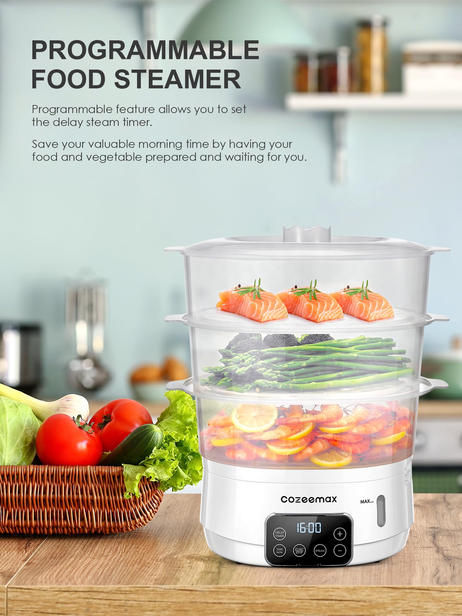 Cozeemax Electric Food Steamer for Cooking, 13.7QT Digital Vegetable Steamer 800W with 3 Tiers BPA Free Dishwasher Safe Lids and Stackable Baskets, Auto Shut-off, Boil Dry Protection (White)