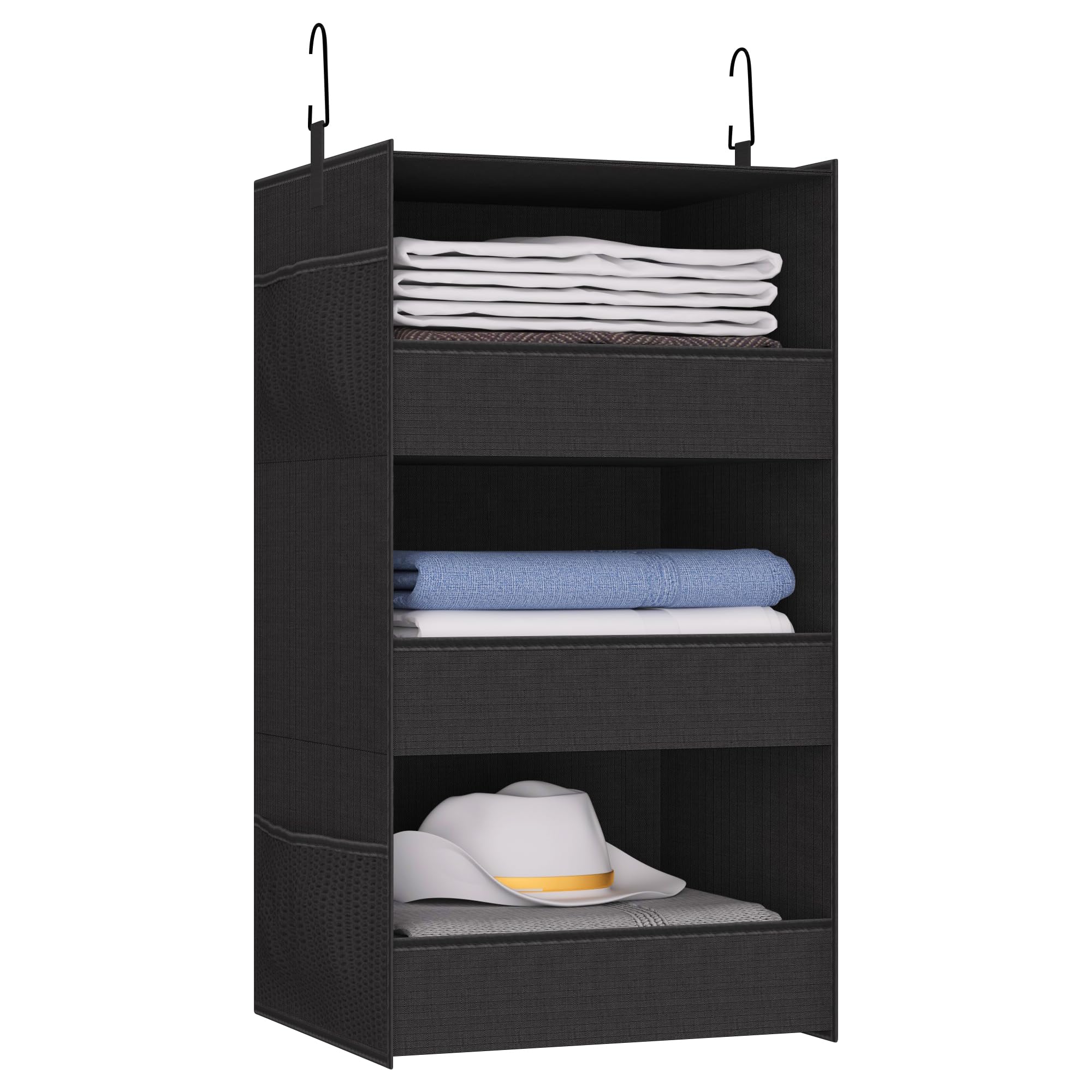 Bosuelife 3-Shelf Hanging Closet Organizer and Storage with Front Lip and Side Pocket Wider Version 3-Tier Hanging Closet Shelves, 29¾"H x 13.5" W x 11.5" D, Black