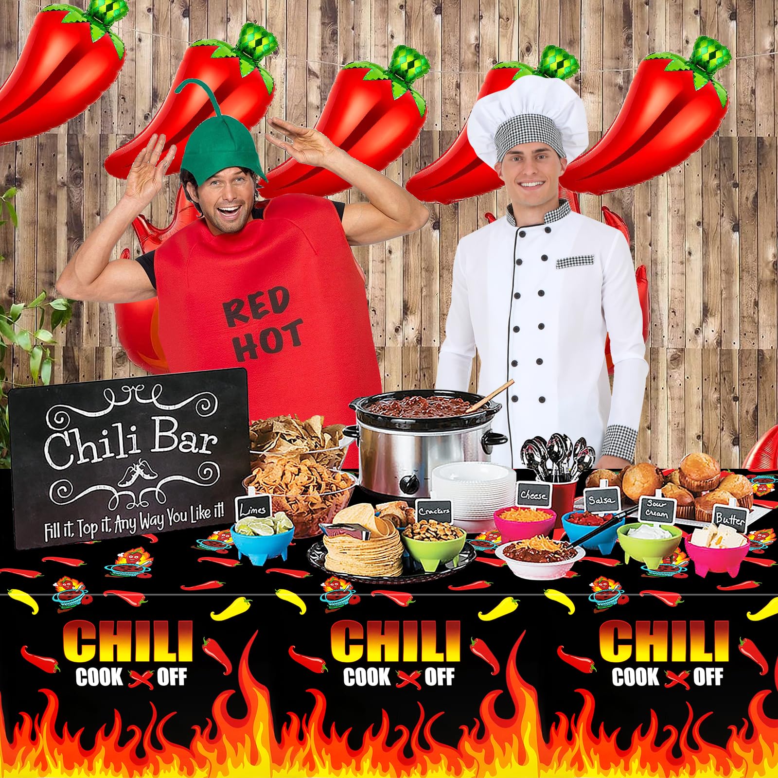 PHOGARY Chili Cook Off Tablecloth for Chili Cookoff Decor, Chili Pepper Tablecloths Disposable, Chili Cookoff Table Cloth Decorations for a Party, BBQ Mexican Chili Cooking Supplies - 51" x 87"(3)