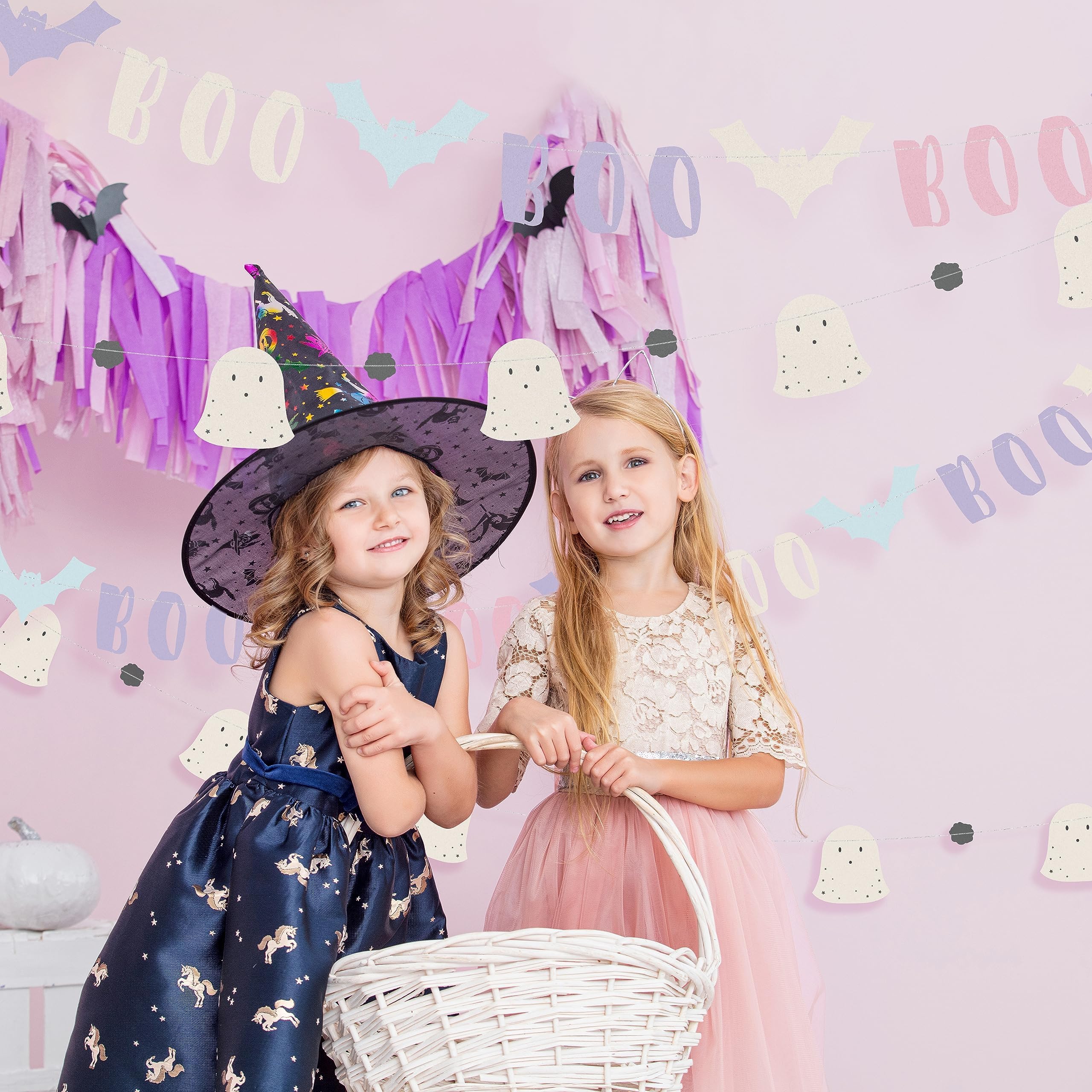 Cheerland Halloween Banners Pastel Bat Boo Ghost Garlands Photo Booth Background Backdrop for Themed Birthday Halloween Party Supplies - Pack of 2