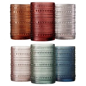 khen hobnail beaded highball drinking tumbler glasses | set of 6 | color, vintage bubble design whiskey glassware, old-fashioned, embossed design for water, wine, cocktail embossed, rocks glass