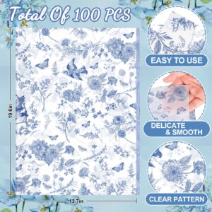 Whaline 100 Sheet Blue Floral Tissue Paper Chinoiserie Gift Wrapping Paper Blue Bird Butterfly Packaging Paper DIY Art Craft Paper for Baby Shower Wedding Birthday Party Decoration, 13.7x19.6 Inch