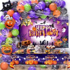 halloween birthday party decorations, halloween themed birthday party decorations with purple orange balloons garland happy birthday backdrop tablecloth spider web for halloween boo day decorations