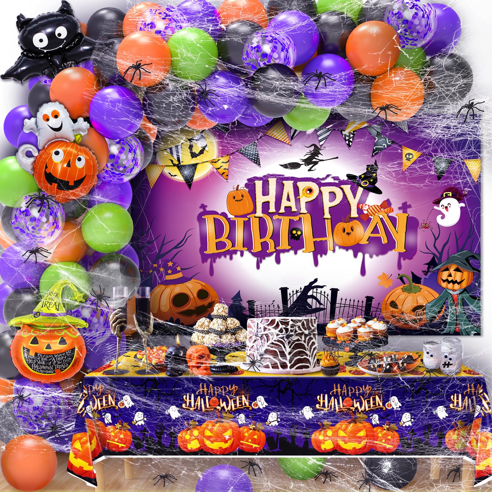 Halloween Birthday Party Decorations, Halloween Themed Birthday Party Decorations with Purple Orange Balloons Garland Happy Birthday Backdrop Tablecloth Spider Web for Halloween Boo Day Decorations