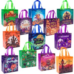 jaywayang 12pcs halloween trick or treat bags, halloween tote bags with handles for kids, halloween reusable non-woven gift bags for gifts wrapping, halloween party supplies.