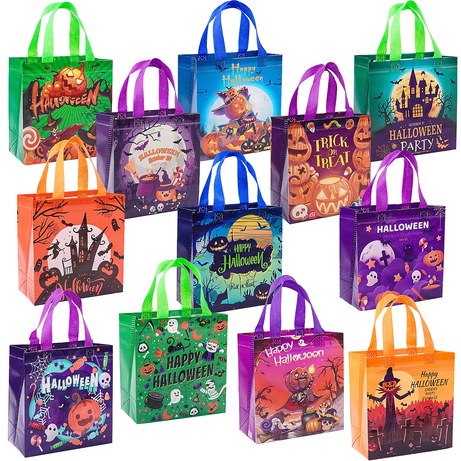 Jaywayang 12Pcs Halloween Trick or Treat Bags, Halloween Tote Bags with Handles for Kids, Halloween Reusable Non-Woven Gift Bags for Gifts Wrapping, Halloween Party Supplies.