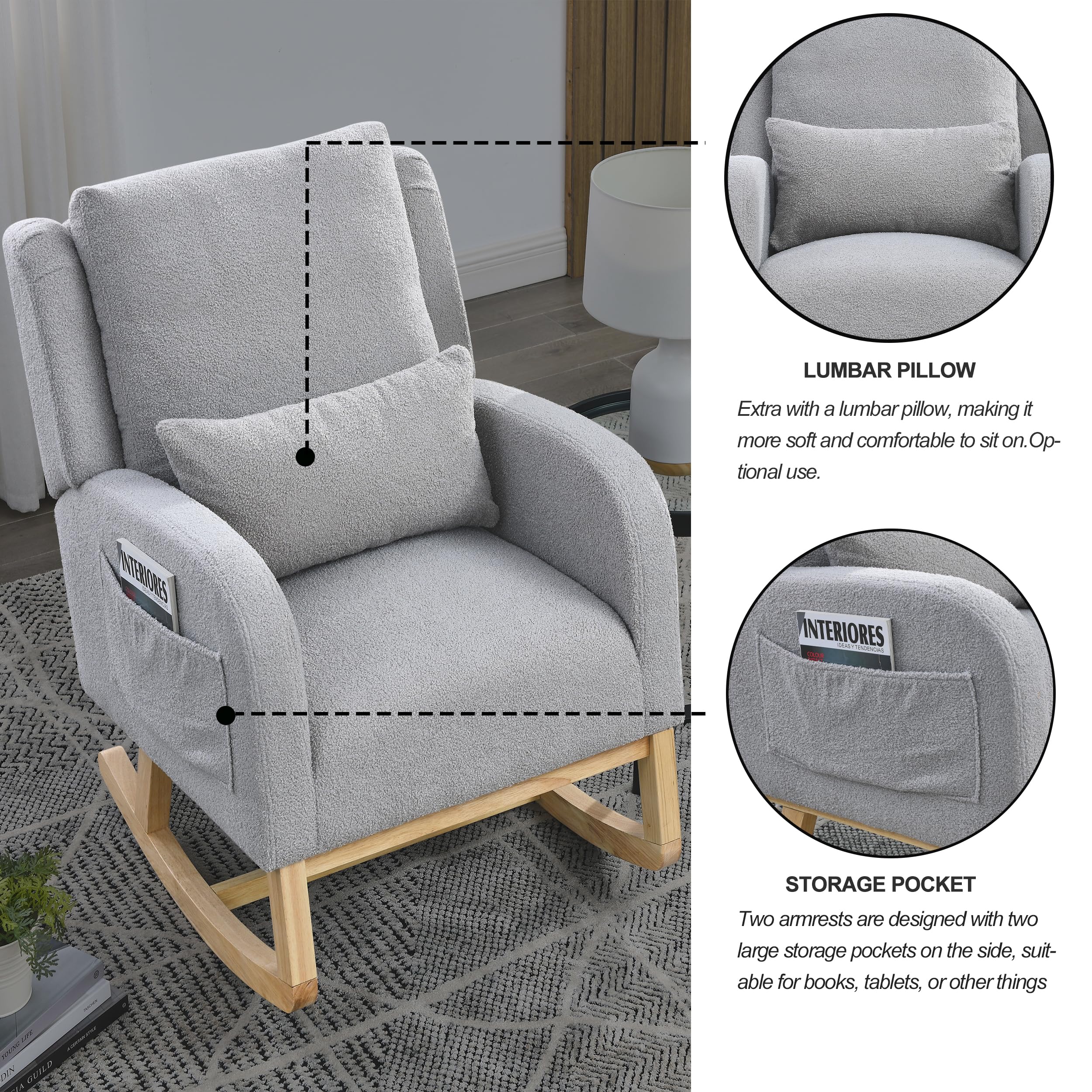 Rocking Chair Nursery with Pillow, Nursery Rocking Chairs in Teddy Fabric with Wingback & Armrest, Built-in 2 Side Pockets, Comfy Nursery Glider Nursing Chair Armchair for Living Room, Bedroom, Grey