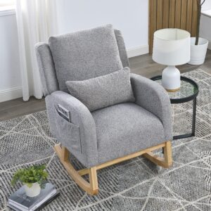 rocking chair nursery with pillow, nursery rocking chairs in teddy fabric with wingback & armrest, built-in 2 side pockets, comfy nursery glider nursing chair armchair for living room, bedroom, grey