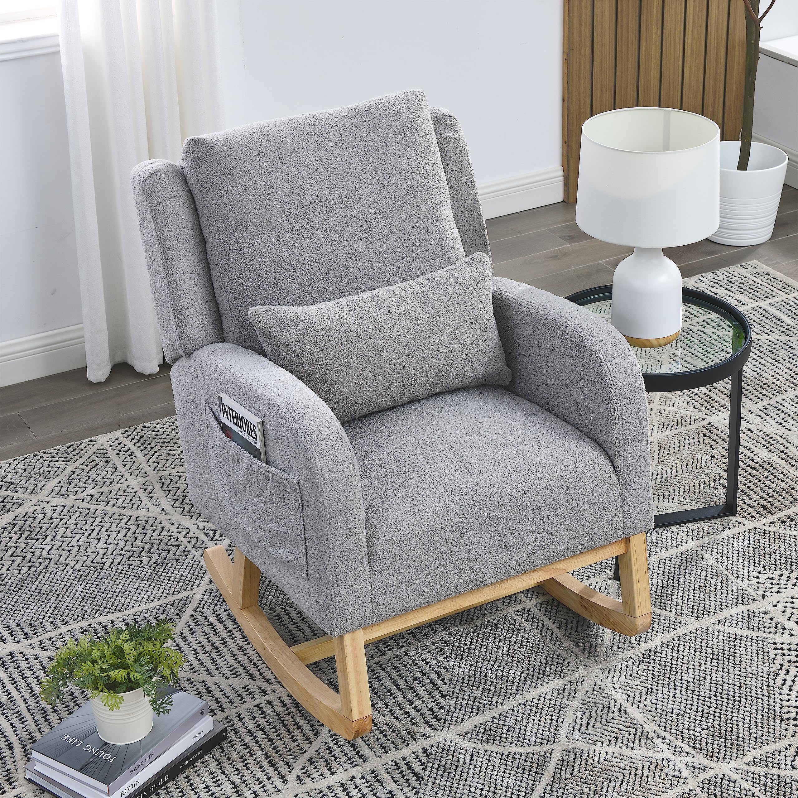 Rocking Chair Nursery with Pillow, Nursery Rocking Chairs in Teddy Fabric with Wingback & Armrest, Built-in 2 Side Pockets, Comfy Nursery Glider Nursing Chair Armchair for Living Room, Bedroom, Grey