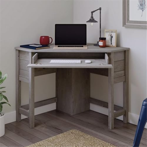 Pemberly Row Coastal Engineered Wood Corner Desk in Mystic Oak