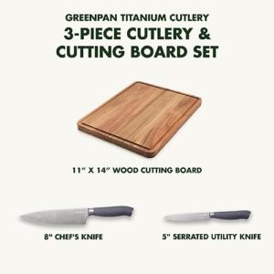 GreenPan Cutlery Knife and Cutting Board 3 Piece Set, Stainless Steel Titanium Coated Blades, Ergonomic Slip-Resistant Handles, 8” Chef’s and 5” Serrated Knife, 11” x 14” Acacia Wood Board, Gray