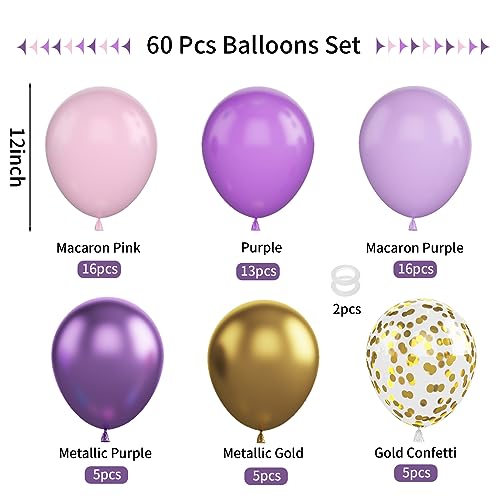 Pink and Purple Balloons, 60Pcs Pastel Purple Pink Balloons, 12 Inch Metallic Purple Gold Confetti Balloons Purple Latex Balloons for Girls Birthday Baby Shower Bridal Butterfly Party Decorations