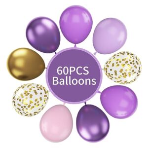 Pink and Purple Balloons, 60Pcs Pastel Purple Pink Balloons, 12 Inch Metallic Purple Gold Confetti Balloons Purple Latex Balloons for Girls Birthday Baby Shower Bridal Butterfly Party Decorations