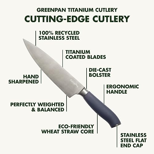 GreenPan Cutlery Knife and Cutting Board 3 Piece Set, Stainless Steel Titanium Coated Blades, Ergonomic Slip-Resistant Handles, 8” Chef’s and 5” Serrated Knife, 11” x 14” Acacia Wood Board, Gray