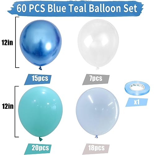 Teal Blue Balloons, 60 PCS Turquoise Blue Balloons with Transparent Balloon Metallic Blue Balloons, Pastel Baby Blue Balloons Pearl Teal Balloons for Ocean Shark Sea Mermaid Theme Party Decorations