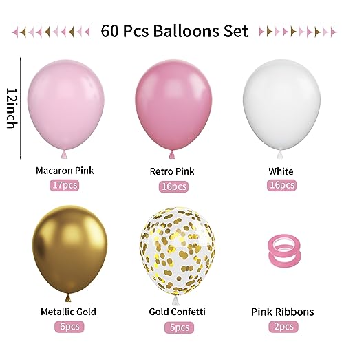 FunHot Pink and Gold Balloons, 60Pcs Retro Pink White Balloons, 12 Inch Metallic Gold Confetti Balloons Helium Light Pink Latex Party Balloons for Girls Baby Shower Birthday Princess Party Decorations