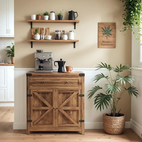 YESHOMY Coffee Bar and Accent Cabinet, Farmhouse Barn Door Buffet Sideboard with Drawer and Adjustable Shelf, Wide Desktop for Kitchen, Dining Room, Bathroom, Entryway, Brown