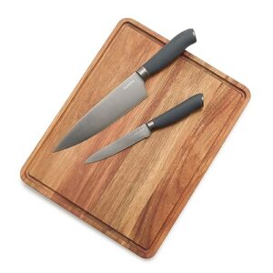 greenpan cutlery knife and cutting board 3 piece set, stainless steel titanium coated blades, ergonomic slip-resistant handles, 8” chef’s and 5” serrated knife, 11” x 14” acacia wood board, gray