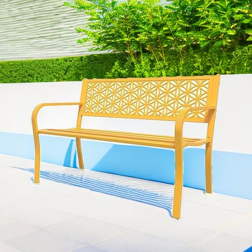 VINGLI 50" Outdoor Bench Metal with Floral Back, Garden Bench Front Porch Bench for Yard Patio Entryway Park Outside, 800lb Capacity - Yellow