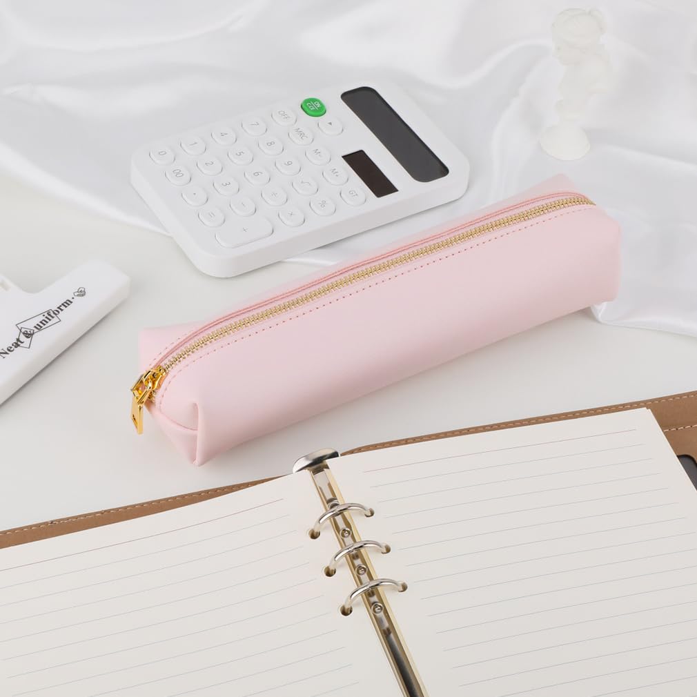 iSuperb PU Pencil Case Leather Pen Bag Slim Pencil Pouch Lovely Stationery Bag Portable Cosmetic Bag Zipper Organizer Bag (Pink)