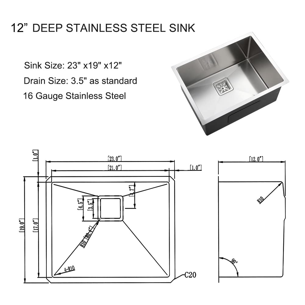 BoomHoze Undermount Laundry Utility Sink, 24"x19"x12" Deep Laundry & Utility Room Sinks 16 Gauge Stainless Steel Laundry Sink Undermount Kitchen Sink Outdoor RV Sink