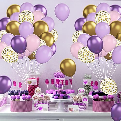 Pink and Purple Balloons, 60Pcs Pastel Purple Pink Balloons, 12 Inch Metallic Purple Gold Confetti Balloons Purple Latex Balloons for Girls Birthday Baby Shower Bridal Butterfly Party Decorations