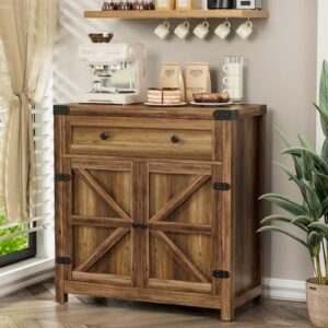 YESHOMY Coffee Bar and Accent Cabinet, Farmhouse Barn Door Buffet Sideboard with Drawer and Adjustable Shelf, Wide Desktop for Kitchen, Dining Room, Bathroom, Entryway, Brown