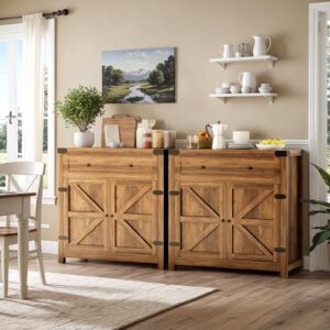 YESHOMY Coffee Bar and Accent Cabinet, Farmhouse Barn Door Buffet Sideboard with Drawer and Adjustable Shelf, Wide Desktop for Kitchen, Dining Room, Bathroom, Entryway, Brown