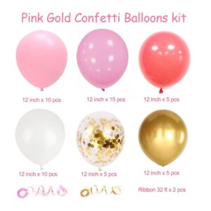 Pink and Gold Confetti Balloons Set, 50pcs 12 inch Light Pink Baby Pink White Gold Party Balloons with Ribbons for Girl Birthday Wedding Baby Shower Bridal Shower Graduation Party Decoration