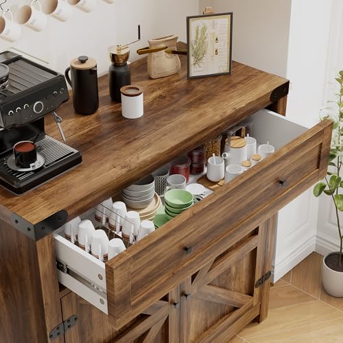 YESHOMY Coffee Bar and Accent Cabinet, Farmhouse Barn Door Buffet Sideboard with Drawer and Adjustable Shelf, Wide Desktop for Kitchen, Dining Room, Bathroom, Entryway, Brown