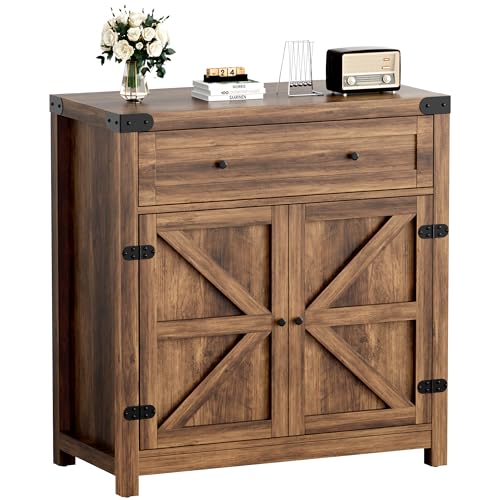 YESHOMY Coffee Bar and Accent Cabinet, Farmhouse Barn Door Buffet Sideboard with Drawer and Adjustable Shelf, Wide Desktop for Kitchen, Dining Room, Bathroom, Entryway, Brown