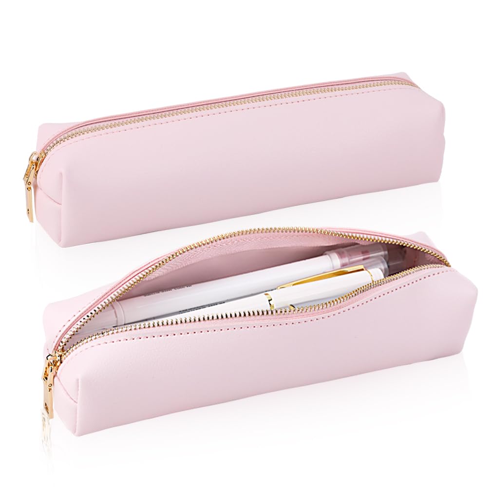 iSuperb PU Pencil Case Leather Pen Bag Slim Pencil Pouch Lovely Stationery Bag Portable Cosmetic Bag Zipper Organizer Bag (Pink)