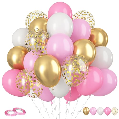 FunHot Pink and Gold Balloons, 60Pcs Retro Pink White Balloons, 12 Inch Metallic Gold Confetti Balloons Helium Light Pink Latex Party Balloons for Girls Baby Shower Birthday Princess Party Decorations