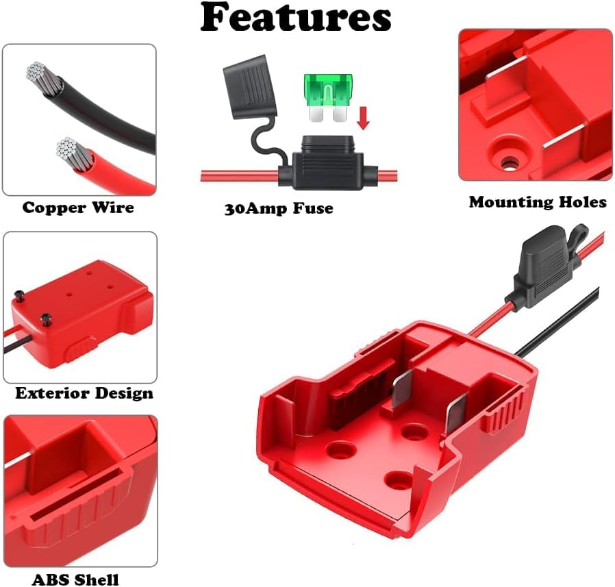 Power Wheel Adapter Set for Milwaukee 18V Battery with 14AWG Wire for Robotics, Work Lights, RC Trucks, and RC Toys