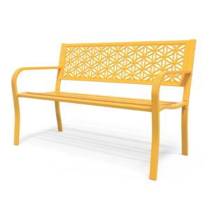 vingli 50" outdoor bench metal with floral back, garden bench front porch bench for yard patio entryway park outside, 800lb capacity - yellow