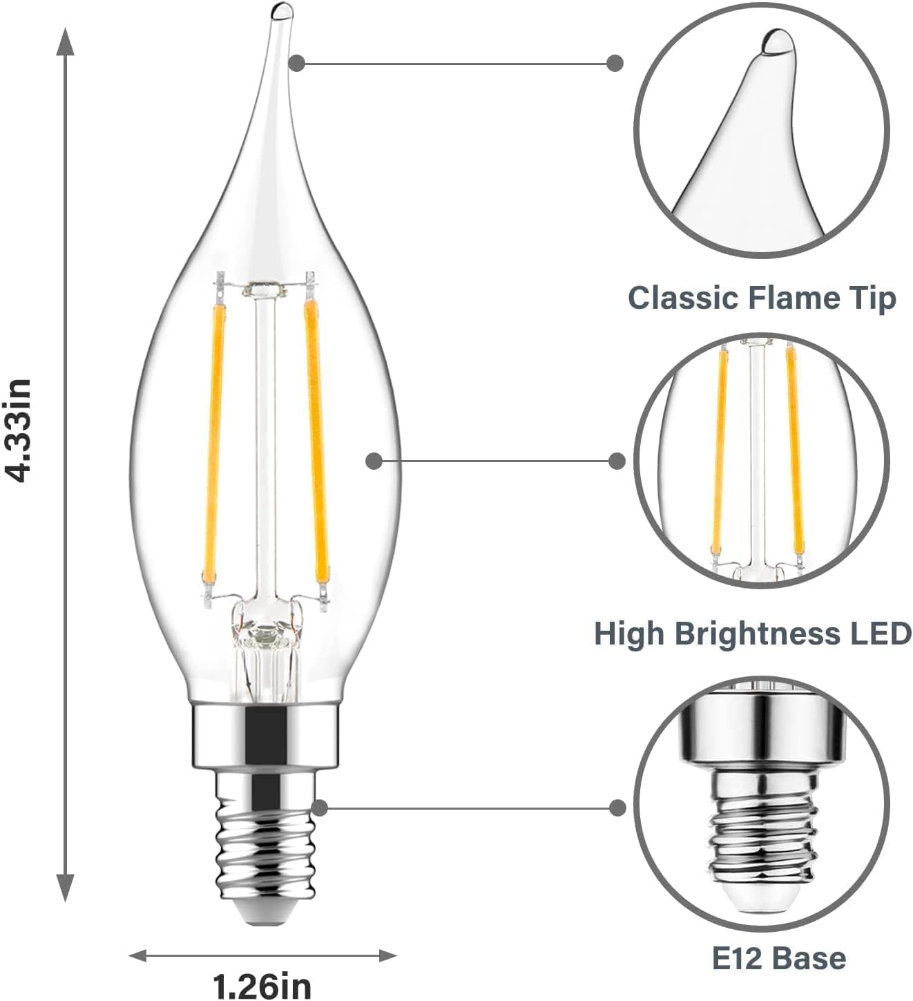 Sigalux E12 LED Bulb Candelabra Base 60 watt LED Chandelier Light Bulbs Dimmable, Flame Tip Candelabra LED Bulbs, 4.5W, 500LM 5000K Daylight, CA10 Candle Light Bulbs, 12 Packs