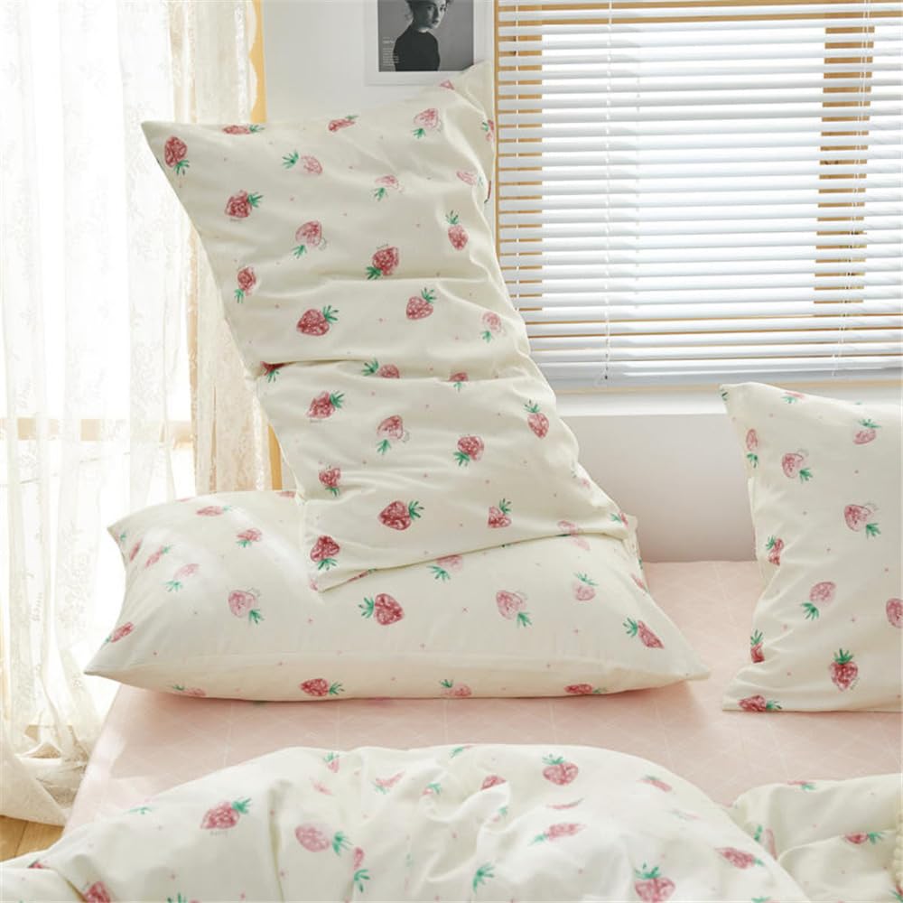 DREAMINGO Cute Strawberry Duvet Cover Full Cotton Girls Strawberry Bedding Set Kawaii Room Decor Lightweight Cute Bedding Comforter Cover with Zipper Ties Kids Teens Cute Aesthetic Bed Set Full