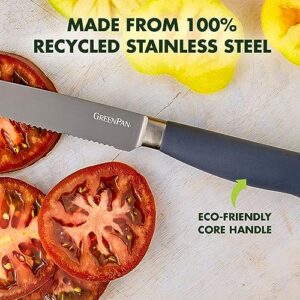 GreenPan Cutlery Knife and Cutting Board 3 Piece Set, Stainless Steel Titanium Coated Blades, Ergonomic Slip-Resistant Handles, 8” Chef’s and 5” Serrated Knife, 11” x 14” Acacia Wood Board, Gray