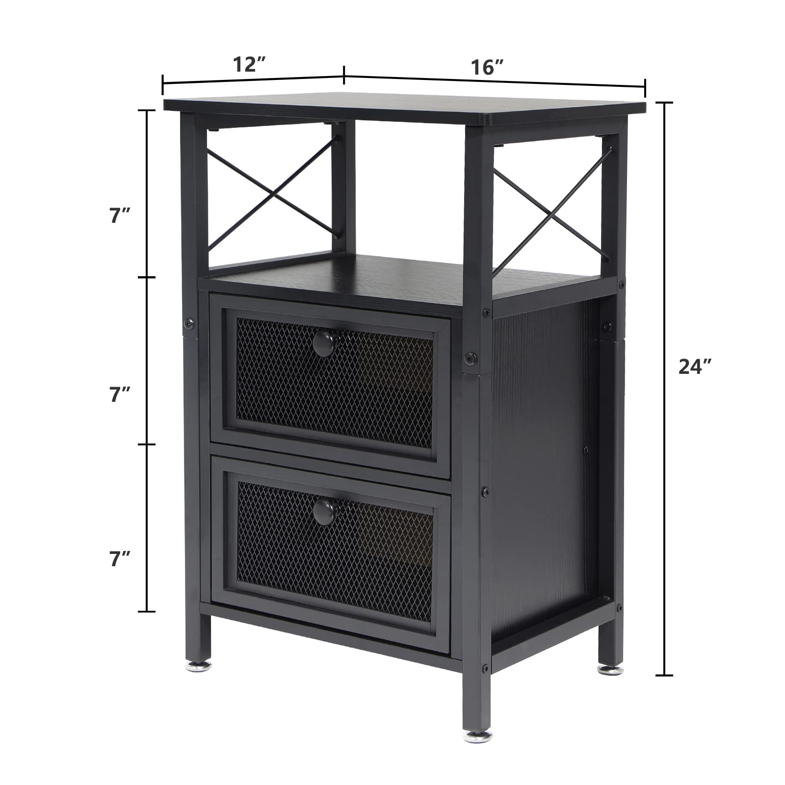 Caredear Black Wood and Metal Nightstand with Mesh Doors - 16" L x 12" W x 24" H Small Industrial End Table with Storage, Narrow Wood Side Table with 2 Drawers, Black Sofa Side Table for Small Space